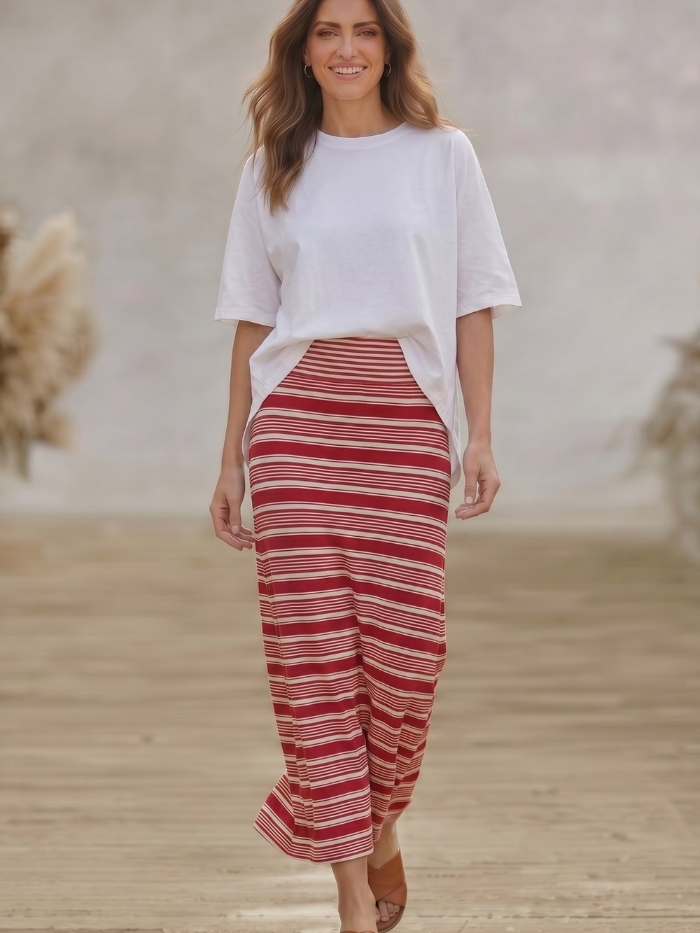 Polo Ralph Lauren Red White Striped Maxi Skirt Small Cotton Modal